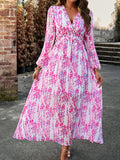 Woochic robe longue mousseline imprimé à fleurie fendu le côté v-cou élégant bal de promo