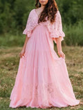 Woochic robe longue shooting dentelle à volantée décolleté plongeant manches trompette de soirée
