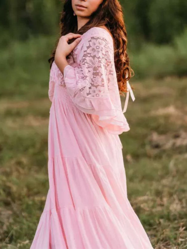 Woochic robe longue shooting dentelle à volantée décolleté plongeant manches trompette de soirée