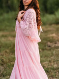 Woochic robe longue shooting dentelle à volantée décolleté plongeant manches trompette de soirée