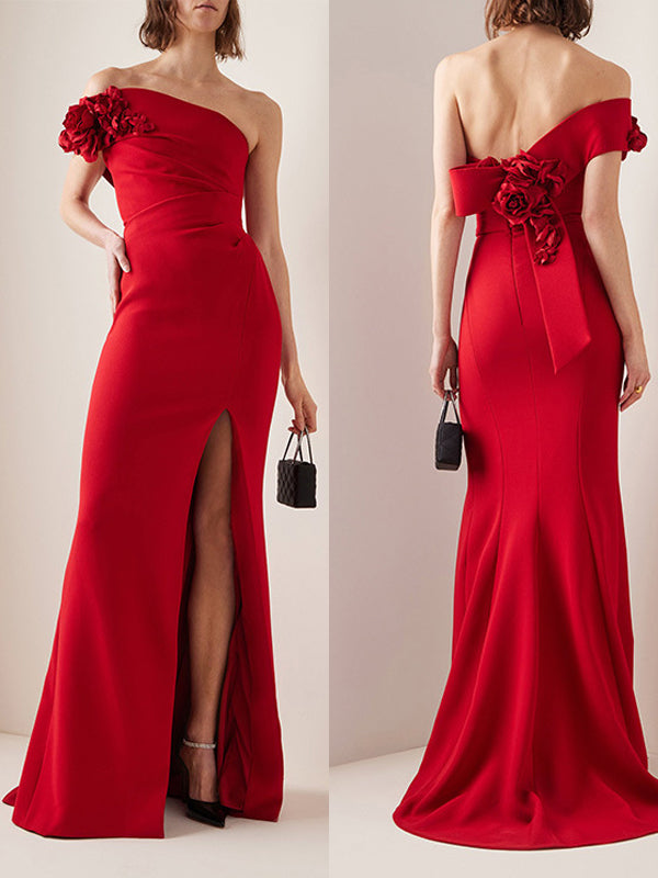 Woochic robe longue sirene fleurs fendue cuisse dos nu col bateau élégant de soirée Rouge S