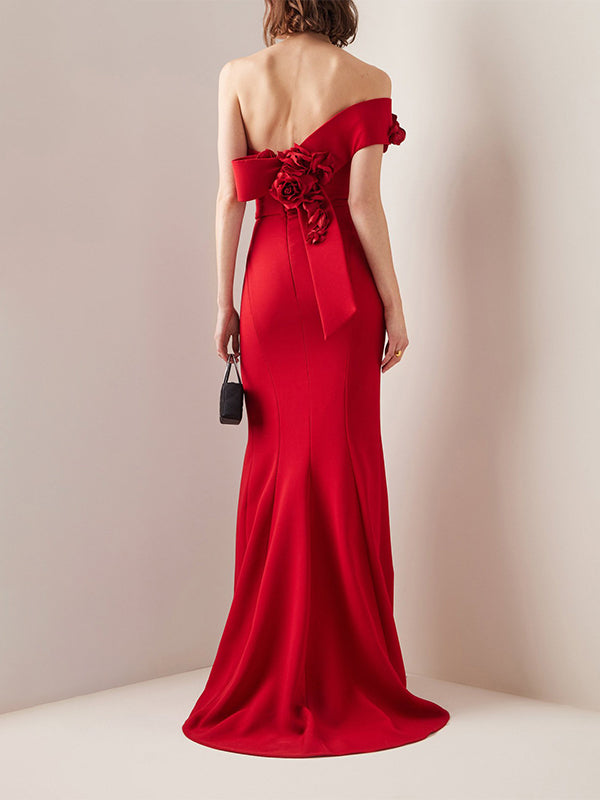 Woochic robe longue sirene fleurs fendue cuisse dos nu col bateau élégant de soirée