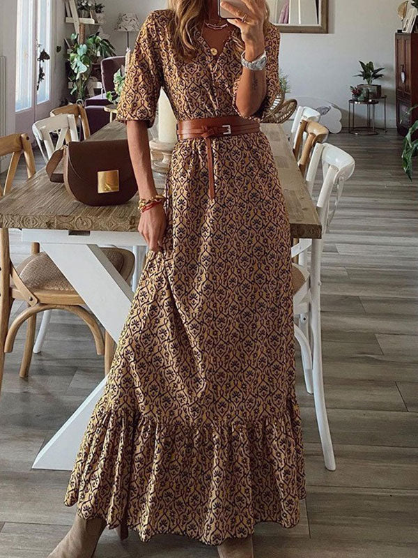 Woochic robe longue tropicale à volantée fluide ceinture v-cou trapèze manches au coude bohème plage Khaki S