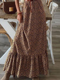 Woochic robe longue tropicale à volantée fluide ceinture v-cou trapèze manches au coude bohème plage