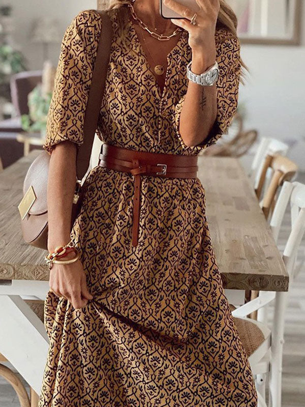 Woochic robe longue tropicale à volantée fluide ceinture v-cou trapèze manches au coude bohème plage