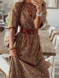 Woochic robe longue tropicale à volantée fluide ceinture v-cou trapèze manches au coude bohème plage