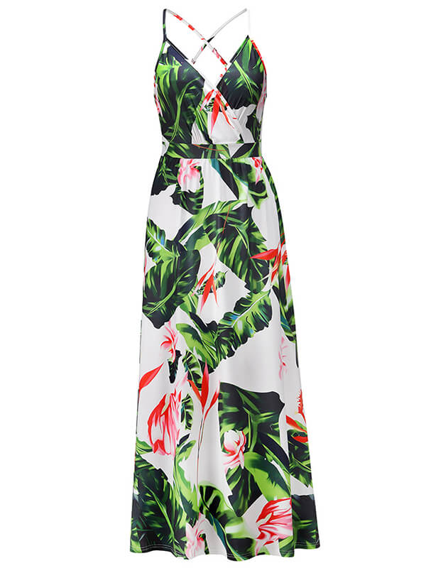 Woochic robe longue tropicale fluide dos nu à fines brides v-cou bohème mode plage