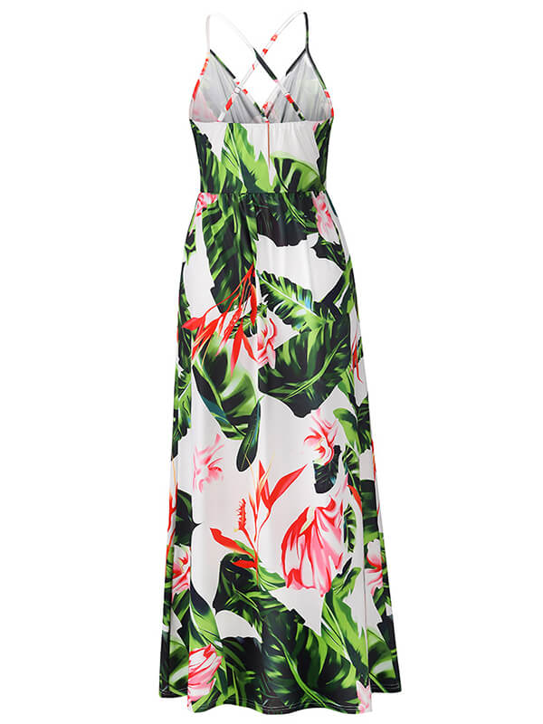 Woochic robe longue tropicale fluide dos nu à fines brides v-cou bohème mode plage