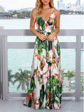 Woochic robe longue tropicale fluide dos nu à fines brides v-cou bohème mode plage Vert S