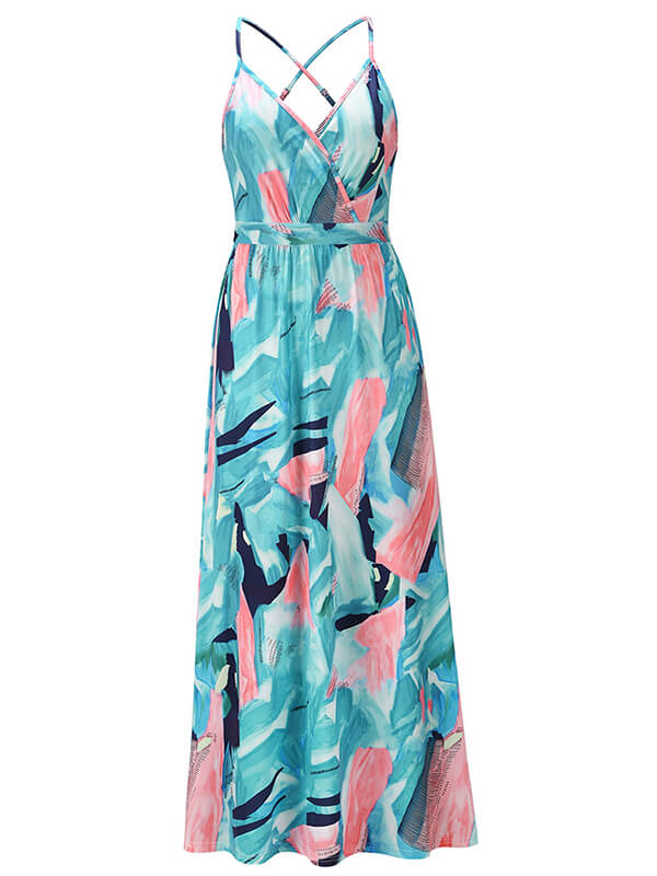 Woochic robe longue tropicale fluide dos nu à fines brides v-cou bohème mode de plage