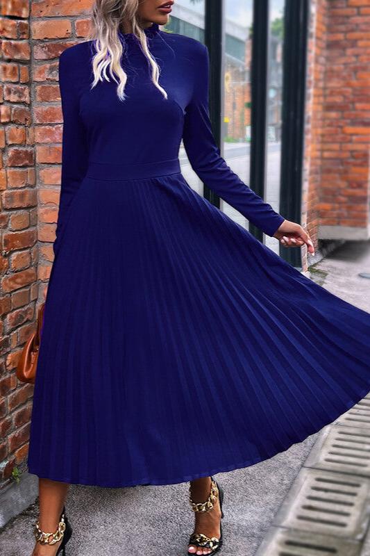 Woochic robe longue unicolore plissé col roulé manches longues élégant Bleu foncé S