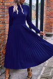 Woochic long dress solid color pleated turtleneck long sleeves elegant