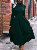 Woochic robe longue unicolore plissé col roulé manches longues élégant Vert S