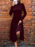 Woochic robe longue unicolore plissé col roulé manches longues élégant