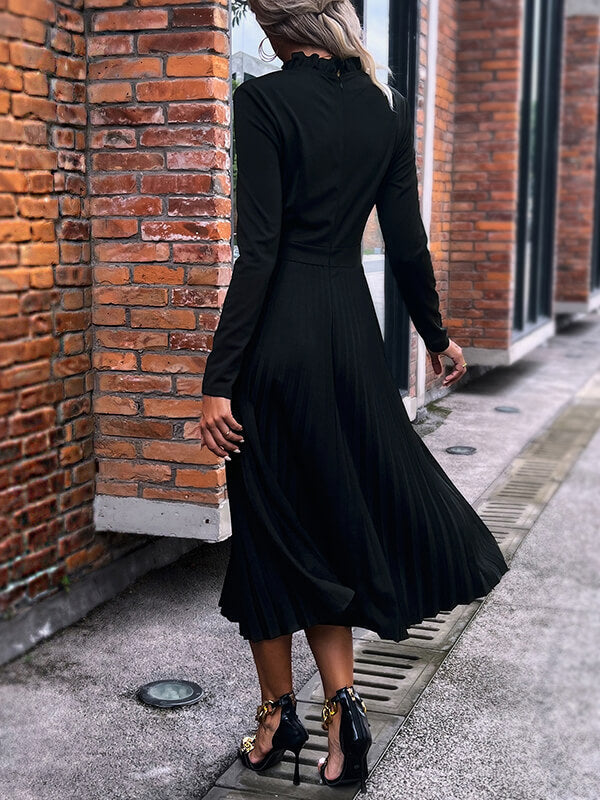 Woochic robe longue unicolore plissé col roulé manches longues élégant