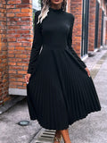 Woochic robe longue unicolore plissé col roulé manches longues élégant Noir S