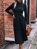 Woochic robe longue unicolore plissé col roulé manches longues élégant