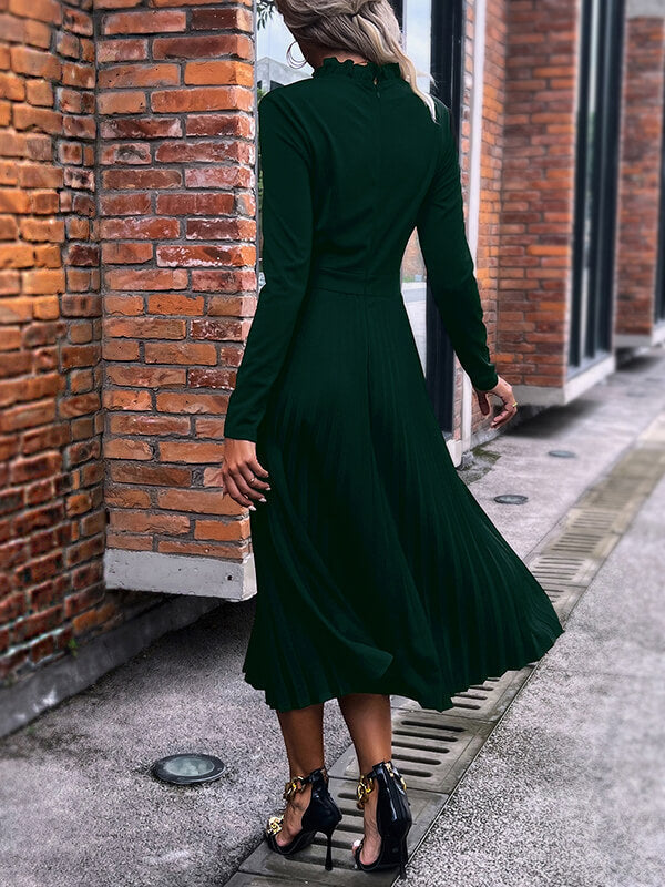 Woochic robe longue unicolore plissé col roulé manches longues élégant