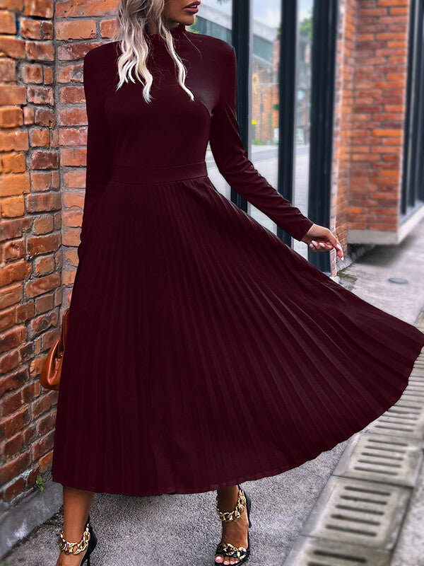 Woochic robe longue unicolore plissé col roulé manches longues élégant