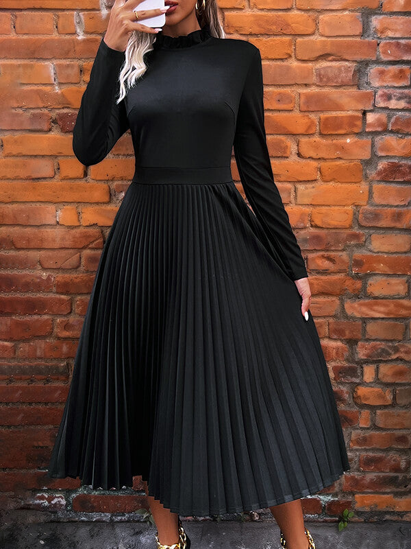Woochic robe longue unicolore plissé col roulé manches longues élégant