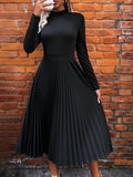 Woochic robe longue unicolore plissé col roulé manches longues élégant