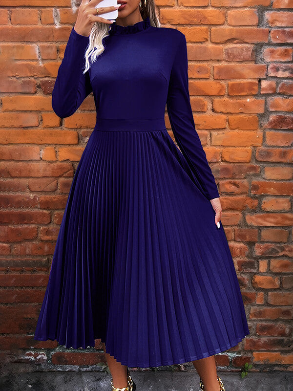 Woochic robe longue unicolore plissé col roulé manches longues élégant