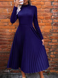 Woochic robe longue unicolore plissé col roulé manches longues élégant