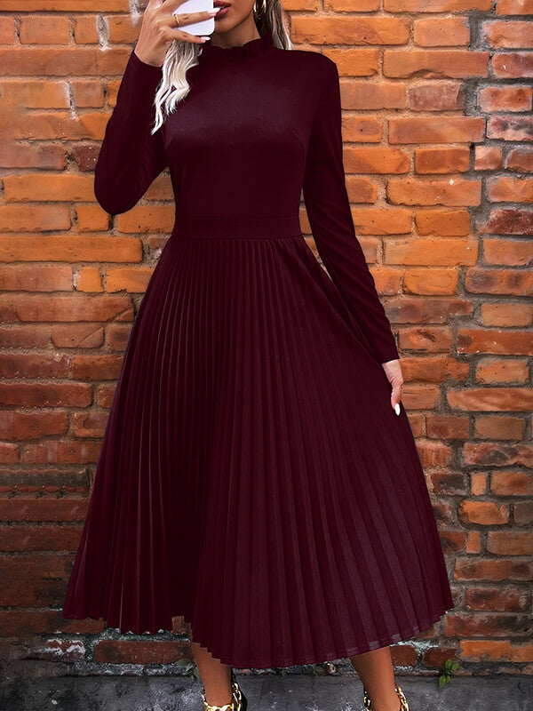 Woochic robe longue unicolore plissé col roulé manches longues élégant Bordeaux S