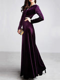 Woochic robe longue unicolore velours à volantée v-cou manches longues élégant de soirée