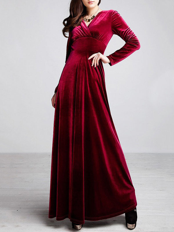 Woochic robe longue unicolore velours à volantée v-cou manches longues élégant de soirée
