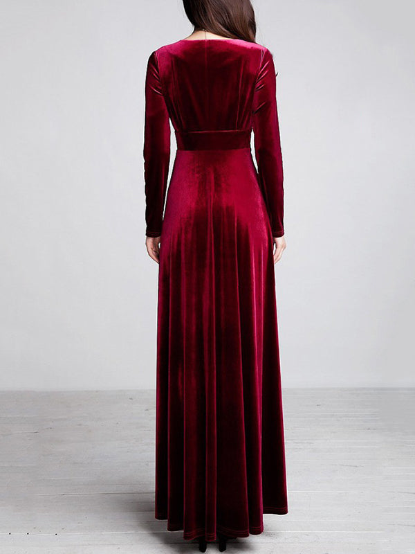 Woochic robe longue unicolore velours à volantée v-cou manches longues élégant de soirée