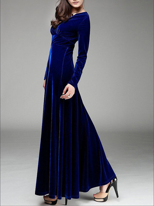 Woochic robe longue unicolore velours à volantée v-cou manches longues élégant de soirée