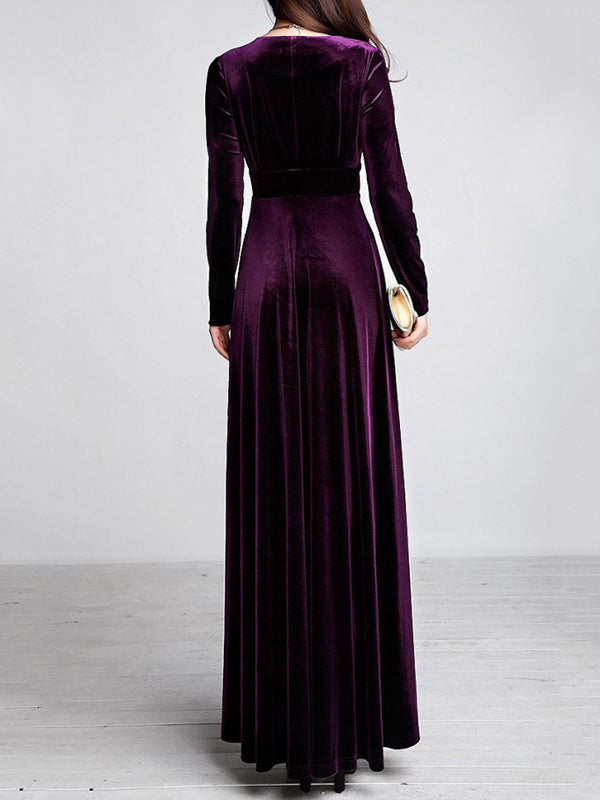 Woochic robe longue unicolore velours à volantée v-cou manches longues élégant de soirée
