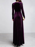 Woochic robe longue unicolore velours à volantée v-cou manches longues élégant de soirée