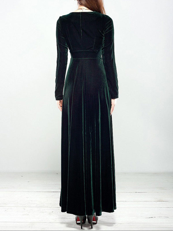 Woochic robe longue unicolore velours à volantée v-cou manches longues élégant de soirée