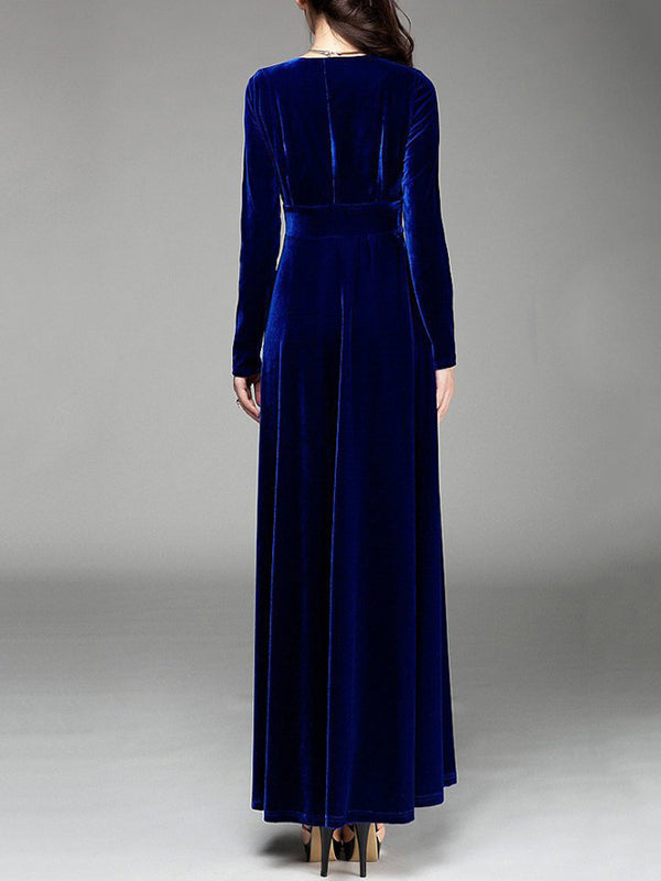 Woochic robe longue unicolore velours à volantée v-cou manches longues élégant de soirée