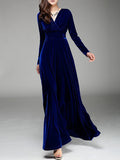 Woochic robe longue unicolore velours à volantée v-cou manches longues élégant de soirée Bleu saphir S
