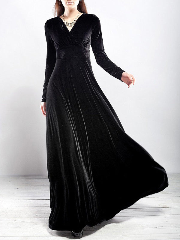 Woochic robe longue unicolore velours à volantée v-cou manches longues élégant de soirée Noir S