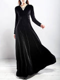 Woochic robe longue unicolore velours à volantée v-cou manches longues élégant de soirée Noir S