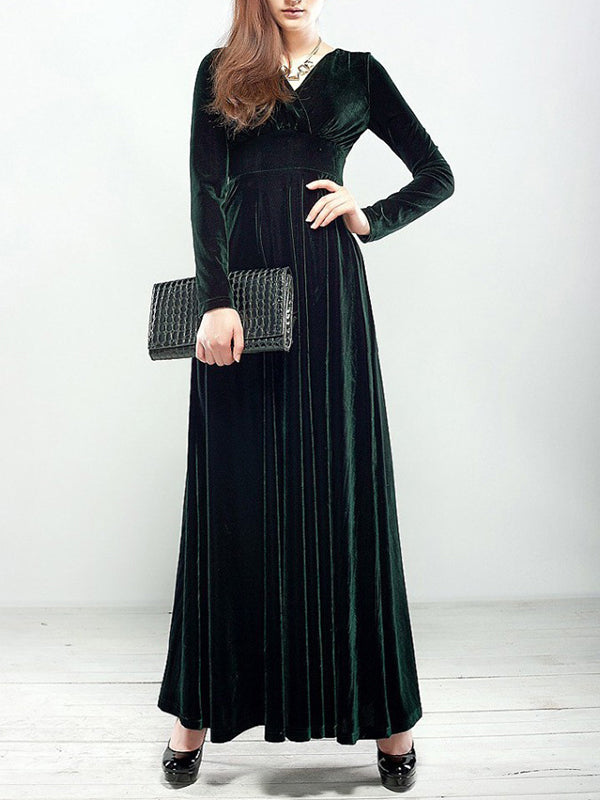 Woochic robe longue unicolore velours à volantée v-cou manches longues élégant de soirée