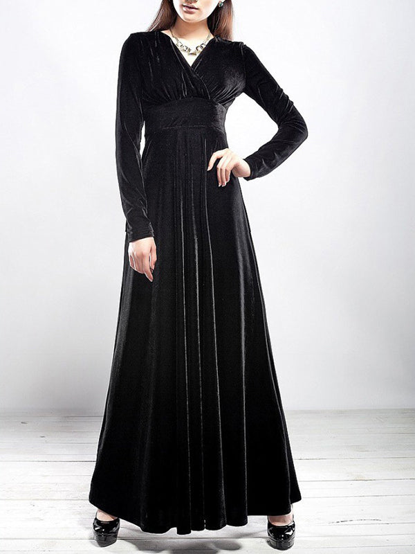 Woochic robe longue unicolore velours à volantée v-cou manches longues élégant de soirée