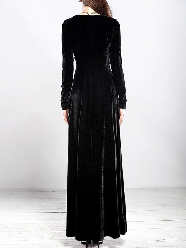 Woochic robe longue unicolore velours à volantée v-cou manches longues élégant de soirée