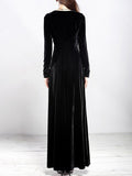 Woochic robe longue unicolore velours à volantée v-cou manches longues élégant de soirée
