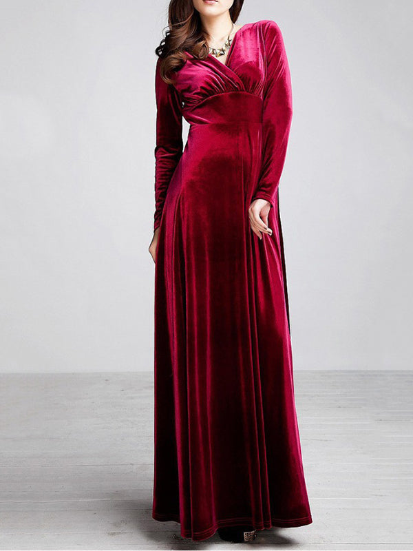 Woochic robe longue unicolore velours à volantée v-cou manches longues élégant de soirée