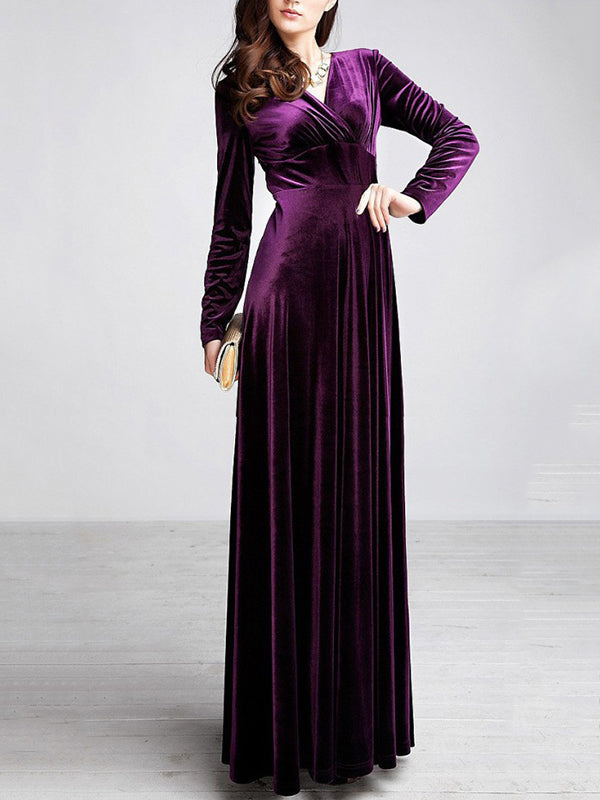 Woochic robe longue unicolore velours à volantée v-cou manches longues élégant de soirée