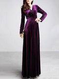 Woochic robe longue unicolore velours à volantée v-cou manches longues élégant de soirée