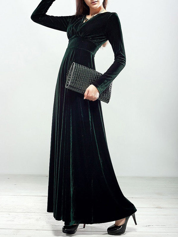 Woochic robe longue unicolore velours à volantée v-cou manches longues élégant de soirée