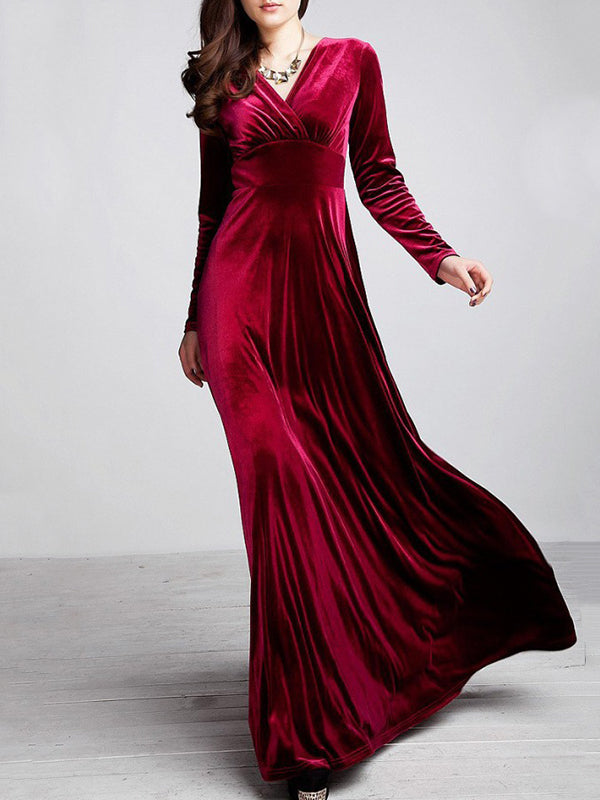 Woochic robe longue unicolore velours à volantée v-cou manches longues élégant de soirée Bordeaux S