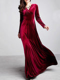 Woochic long solid color velvet ruffled v-neck long sleeve elegant evening dress