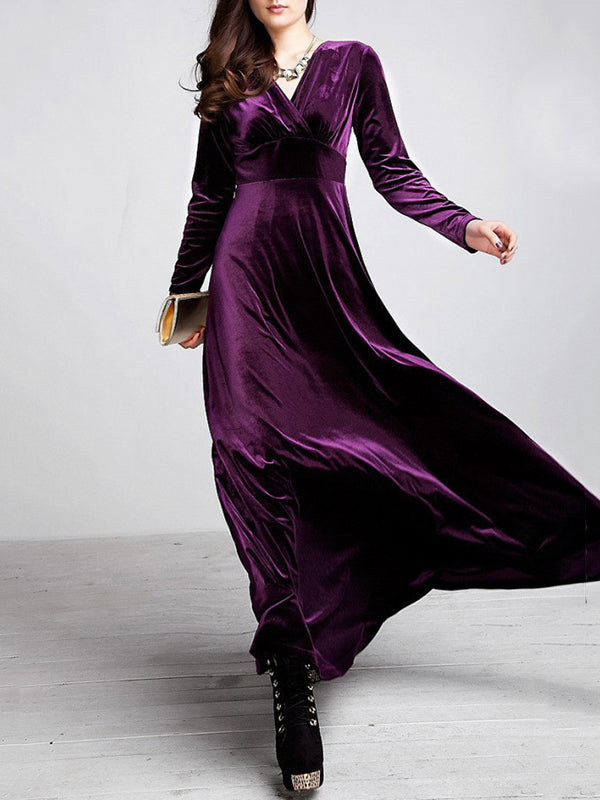 Woochic robe longue unicolore velours à volantée v-cou manches longues élégant de soirée Violet S